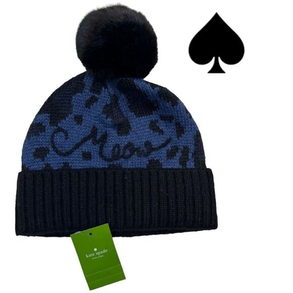 Kate Spade Handbag Logo Pom Pom Knit Beanie Beanies Hat Cap Leopard Meow NWT - Picture 1 of 3